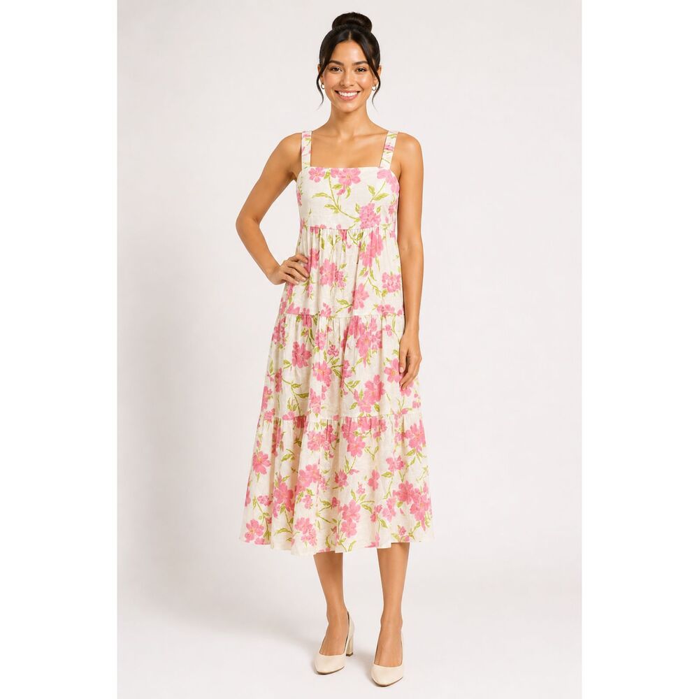 Julie Brown NY Cream Floral Linen Tiered Midi Dress XS Garden Party Cottagecore